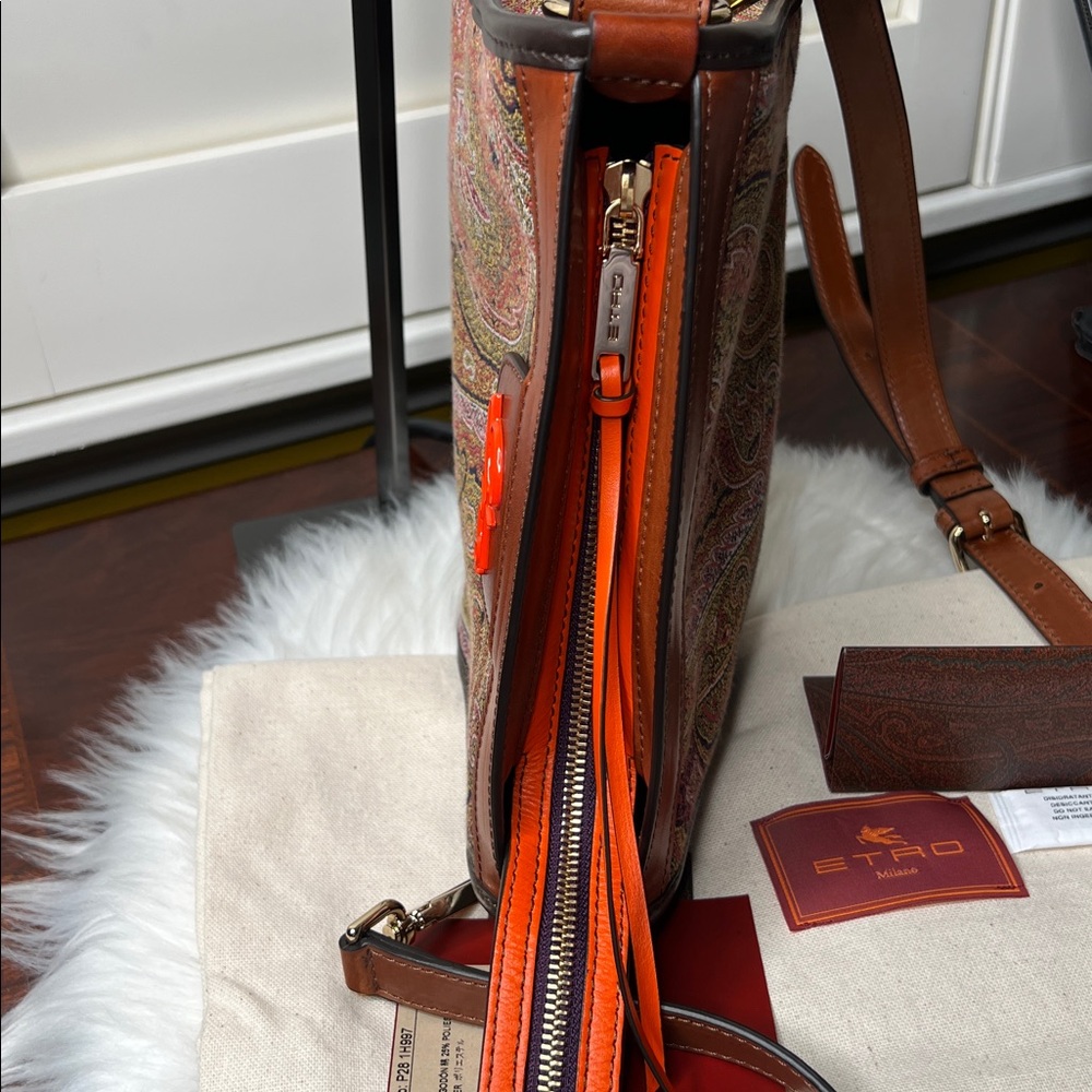 ETRO Brown Paisley Crossbody Bag with Orange Trim, Purple Tassel Like New - Picture 11 of 17